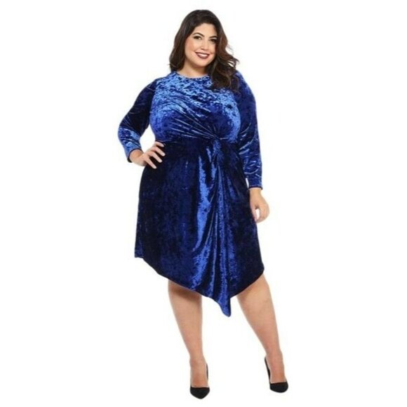 Maggy London Womens Blue Crushed Velvet Soft Drape Sheath Cocktail Dress Sz 16W - Picture 1 of 6